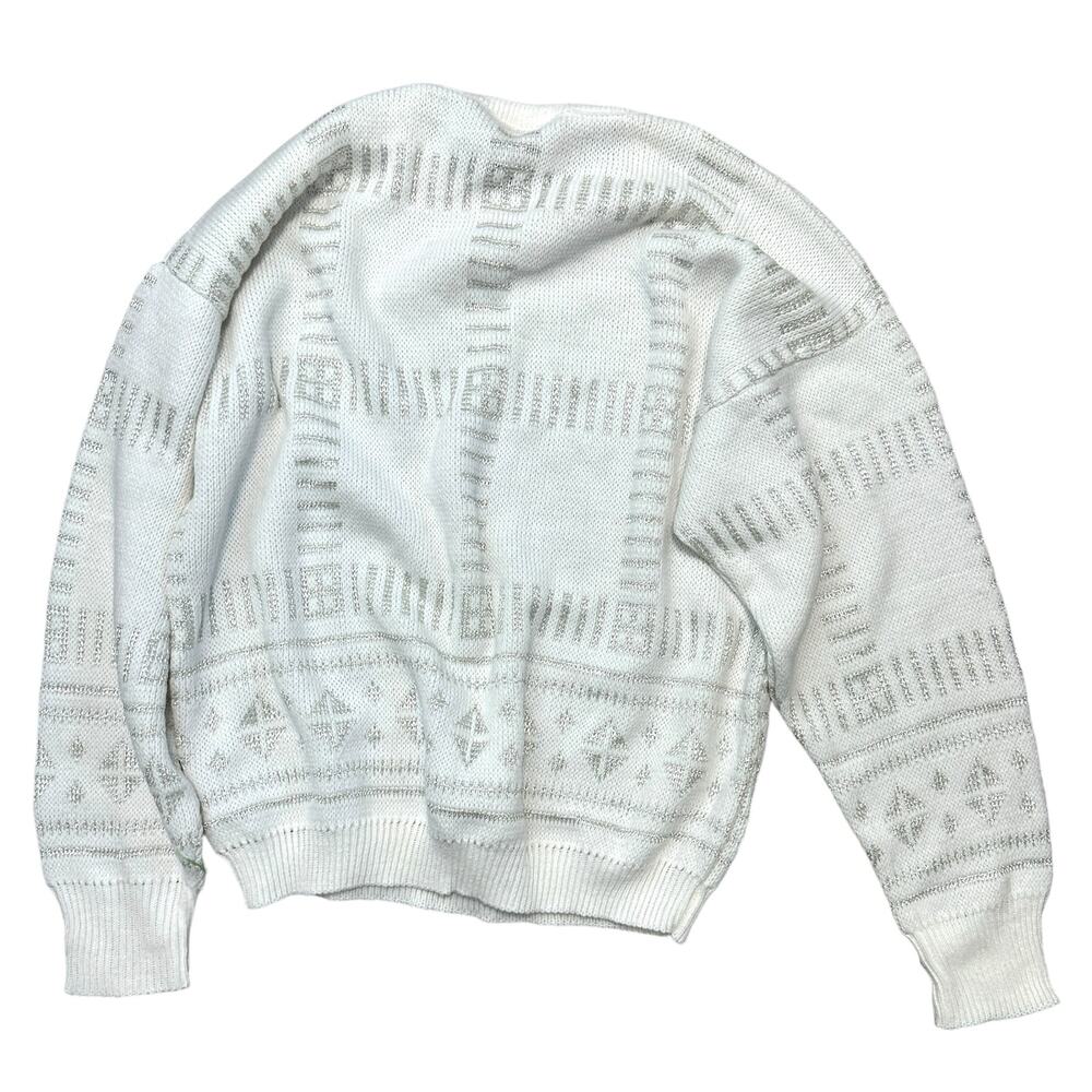 Kate Collins Vintage White Silver Crew Neck Sweater M Metallic Cabin Cottage - Picture 4 of 4